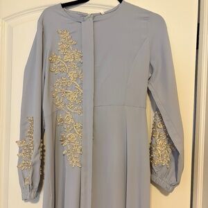 women modest maxi dress light blue with gold detail